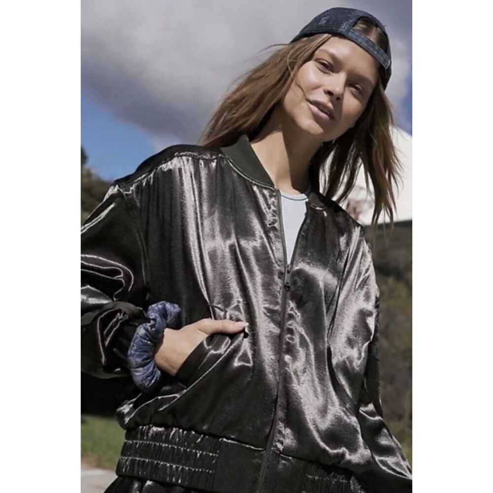 🌼 FINAL PRICE NWOT Free People Movement Relay Zip Up Olive Satin Bomber Jacket